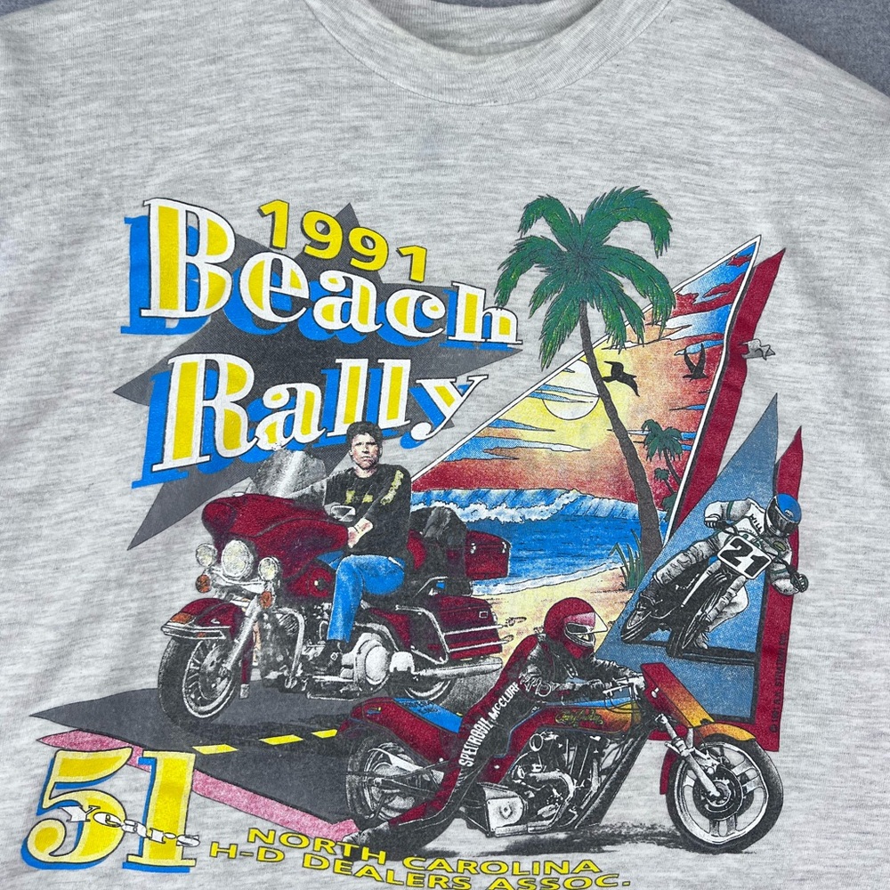 Vintage 1991 Harley-Davidson Beach Rally NC Dealers T-Shirt Gray Hanes Large